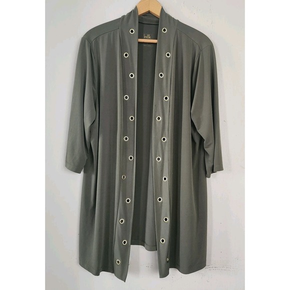 Belle by Kim Gravel Sweaters - Belle Kim Gravel Womens Large Olive Green Gold Grommet Accent Open Cardigan Top